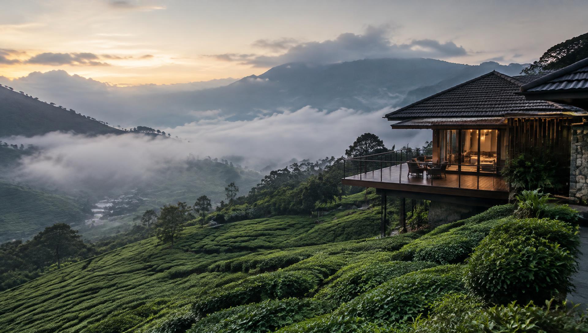 Misty hill-station resort above tea gardens near Kochi